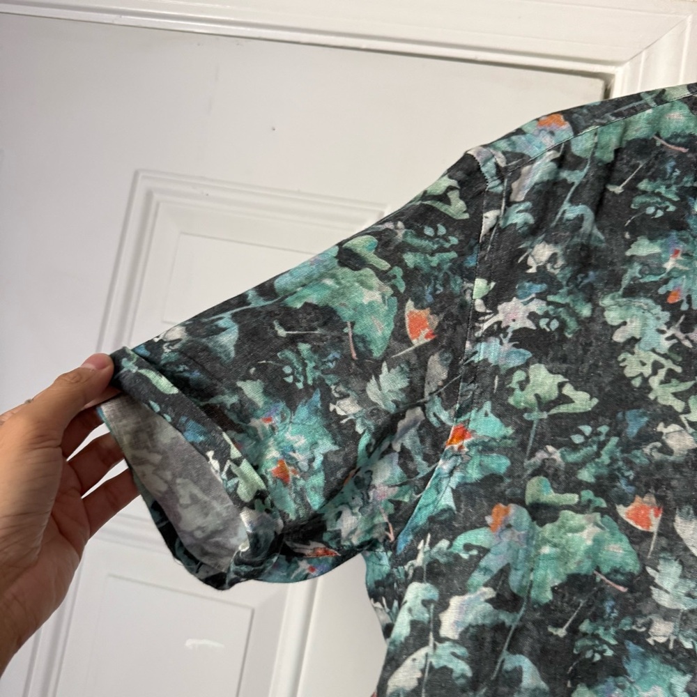 BENSON NEW YORK blue black watercolor floral linen short sleeve button up shirt - Picture 2 of 5